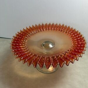 Vintage Unmarked Art Glass Cake Stand Ruffled Edge Orange Textured Pedestal